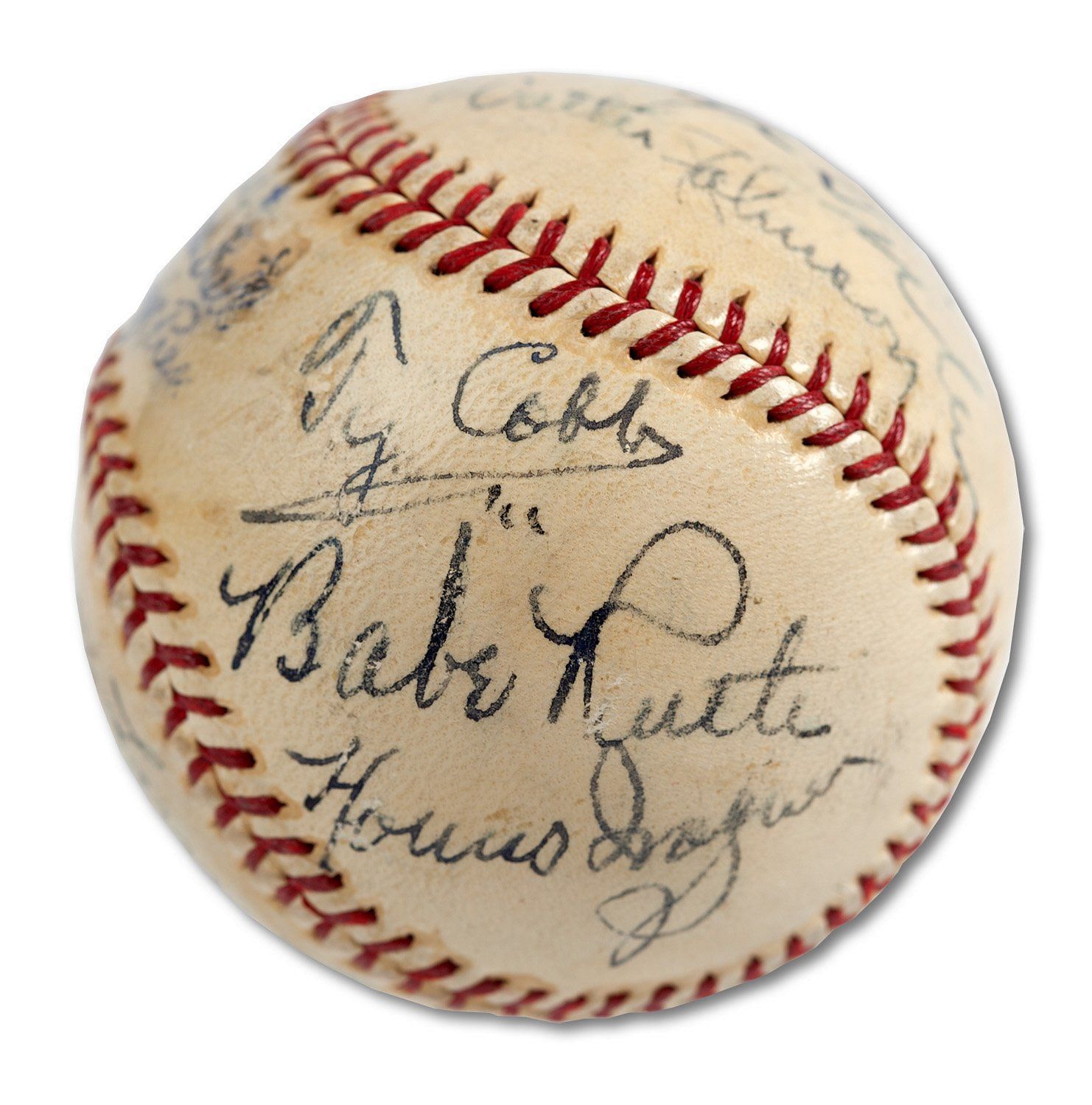 The ball with 11 autographs of inaugural Hall of Fame inductees